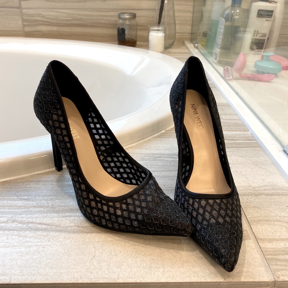 Nine West Black Glitter Mesh Pointed Heels